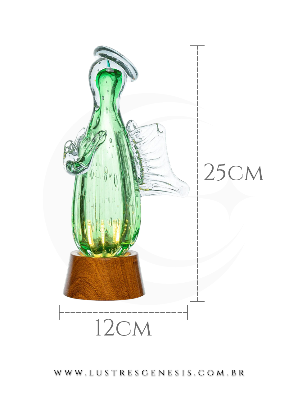 Abajur Decorativo Anjo Gabriel Murano Azul Aquamarine Base Madeira 25cm Para Quarto Sala Cabeceira